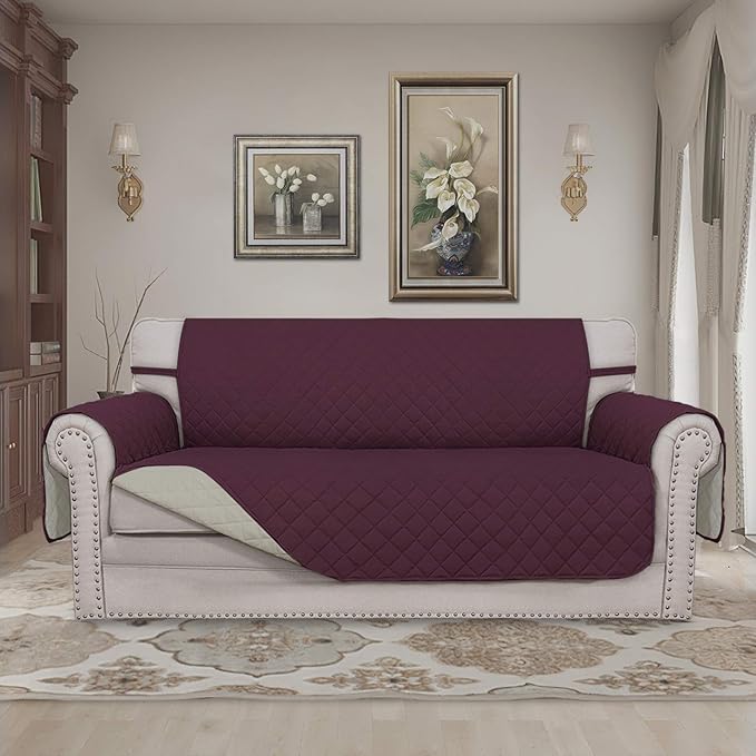 Easy-Going Sofa Slipcover Reversible Loveseat Sofa Cover Couch Cover for 2 Cushion Couch Furniture Protector with Elastic Straps for Pets Kids Dog Cat (Oversized Loveseat, Wine/Beige)