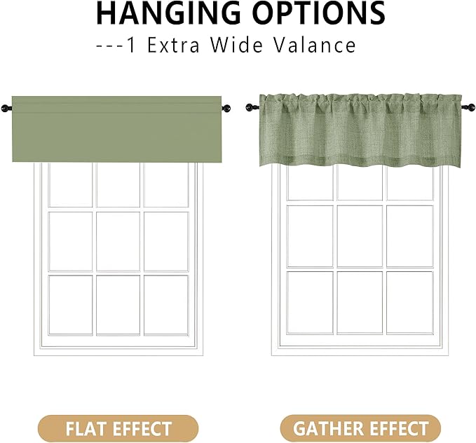 OVZME Green Valance for Windows, Light Filtering Faux Linen Textured Small Short Valance Kitchen Curtain, Dual Rod Pocket Top Short Window Curtain for Bathroom Basement Farmhouse, 1 Piece, 60Wx14L