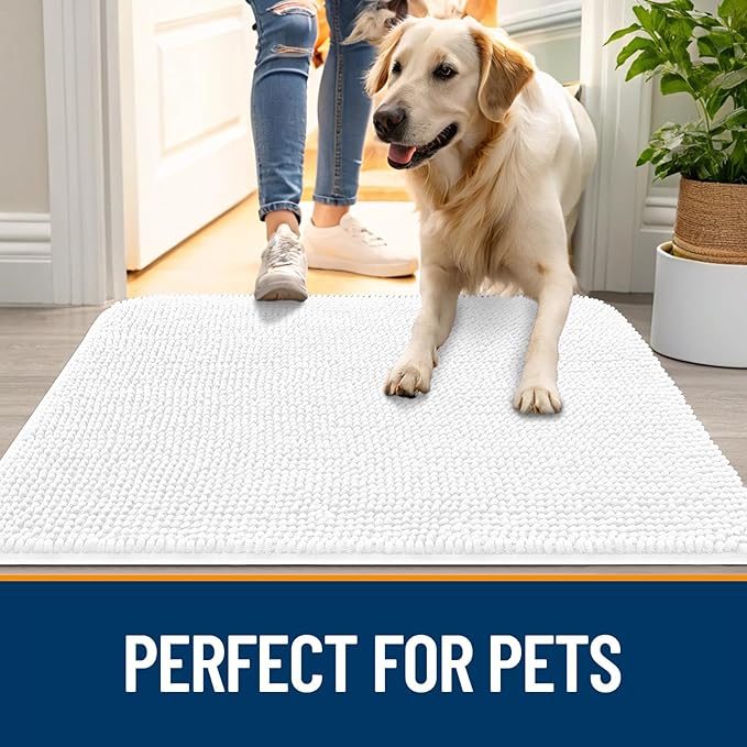 OLANLY Dog Door Mat for Muddy Paws 54x32, Absorbs Moisture and Dirt, Absorbent Non-Slip Washable Doormat, Quick Dry Chenille Mud Mat for Dogs, Entry Indoor Entryway Carpet for Inside Floor, White