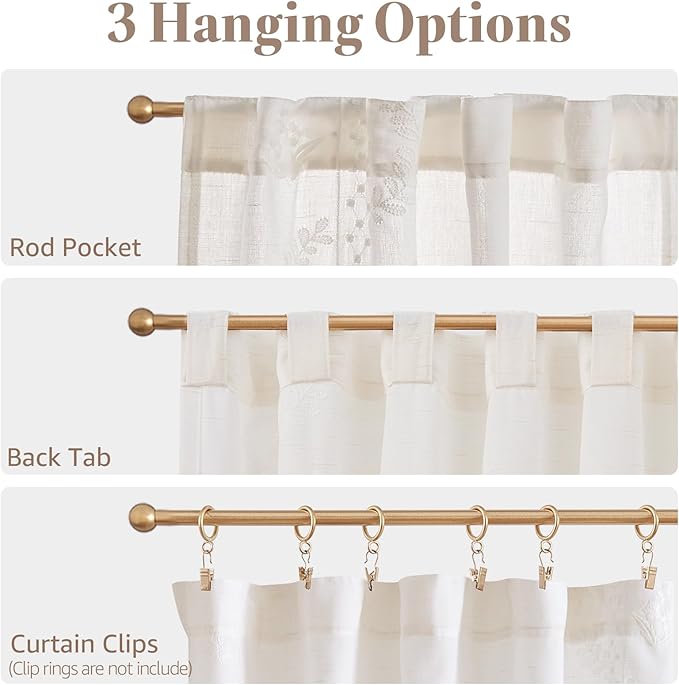 jinchan Belrose Linen Floral Kitchen Curtains 24 inch Length Embroidered Farmhouse Cafe Curtains for Living Room Bathroom Small Windows Curtain Set Sheer Light Filtering 2 Panels White