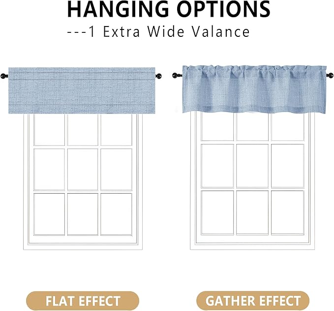OVZME Valance for Windows, Light Filtering Faux Linen Textured Small Kitchen Valances for Windows, Dual Rod Pocket Farmhouse Short Curtain for Bathroom Basement, 52Wx18L inch, 1 Piece, Demin Blue