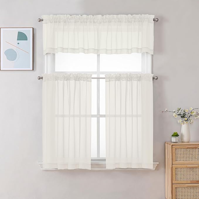 Gwine Ivory Valances for Windows, Small Light Filtering Rod Pocket Cafe Valance Curtains, Soft Sheer Curtain for Bathroom Laundry Basement, 42Wx14L inch, 2 Pieces