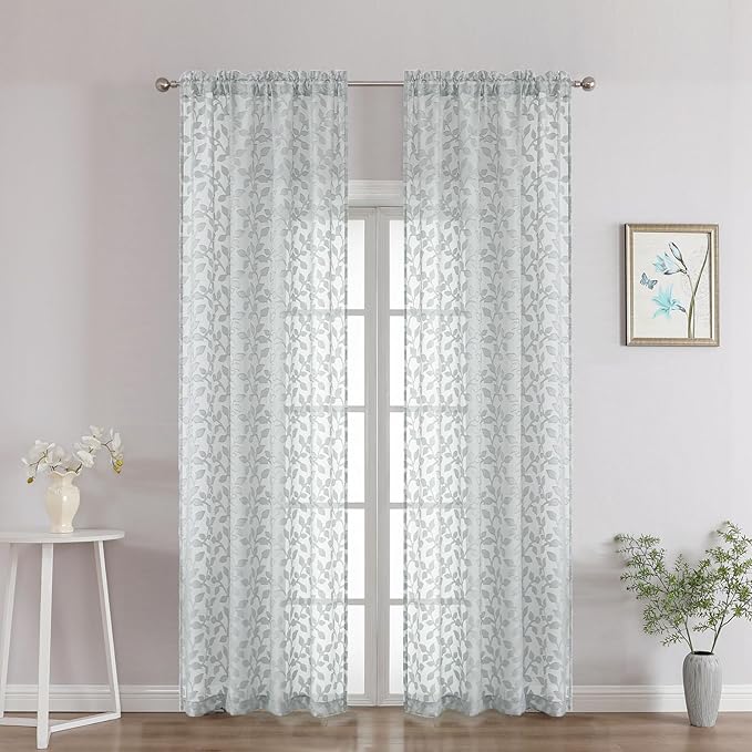 Chyhomenyc Light Grey Sheer Curtains 90 Inch Length 2 Panels Set, Light Filtering Tufted Textured Soft Airy Rod Pocket Gentle Leaf Window Treatment Drapes for Bedroom Living Room, 42" Wx90 L, 2PCS