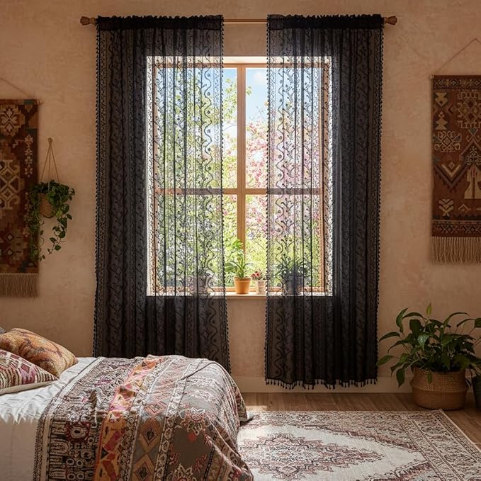 WAZZIO Boho Lace Curtains 63 Inch -Vintage Victorian Sheer Panel Drape Floral Pattern & Tassel Light Filtering Privacy for Bedroom Dining Living Room,Black Gothic Halloween Decor,2 Panels,W52 x 63L