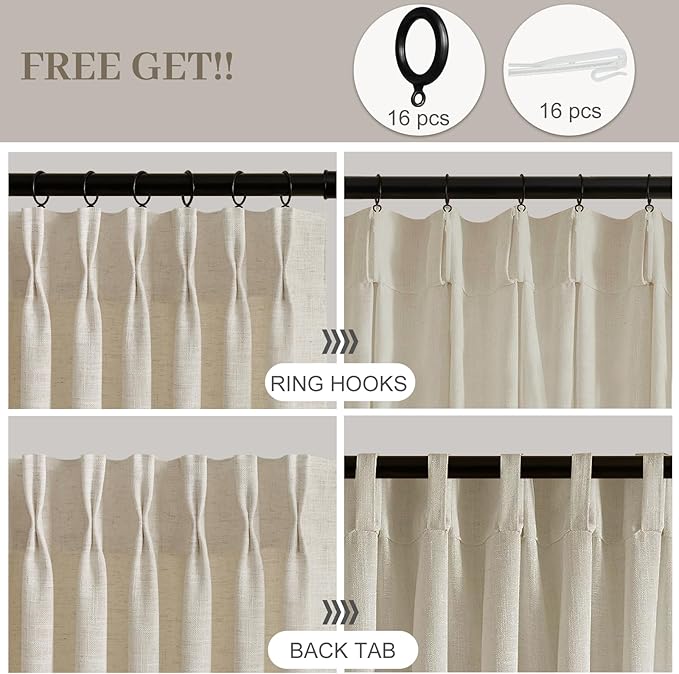 IVAPUPU Pinch Pleated Curtains 90 Inch Long 2 Panels for Living Room, Light Filtering Memory Trained Semi Sheer Linen Curtain with Rings Back Tab Drapes for Bedroom Nursery, 40W, Burlywood Birch