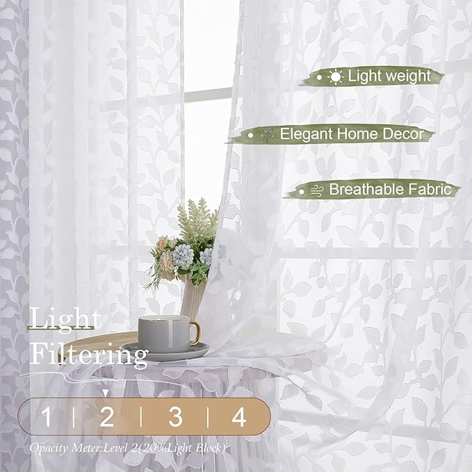 Chyhomenyc White Sheer Curtains 63 Inch Length 2 Panels Set, Light Filtering Tufted Textured Soft Airy Rod Pocket Beautiful Leaf Window Treatment Drapes for Bedroom Living Room, 42" Wx63 L, 2PCS