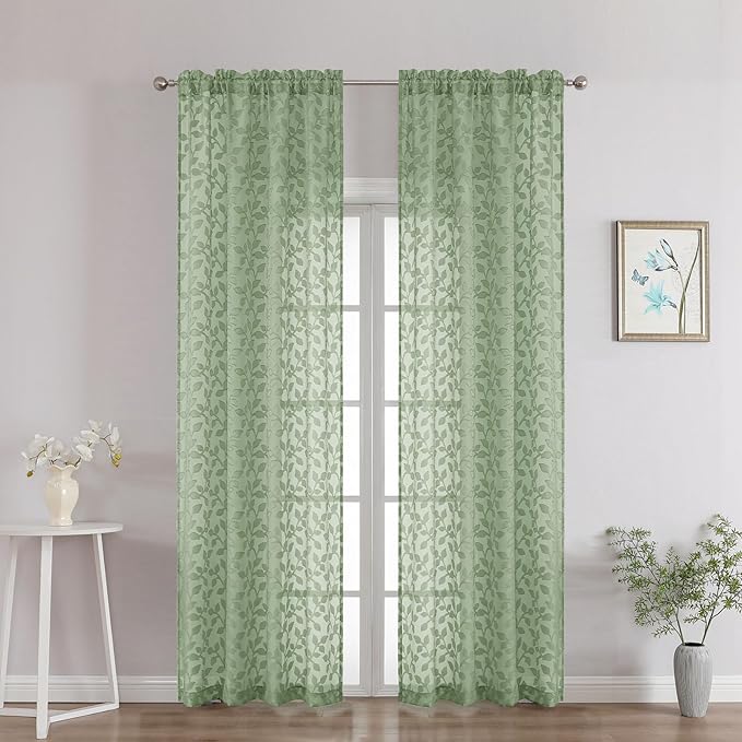 Chyhomenyc Sage Green Sheer Curtains 90 Inch Length 2 Panels Set, Light Filtering Tufted Textured Soft Airy Rod Pocket Gentle Leaf Window Treatment Drapes for Bedroom Living Room, 42" Wx90 L, 2PCS