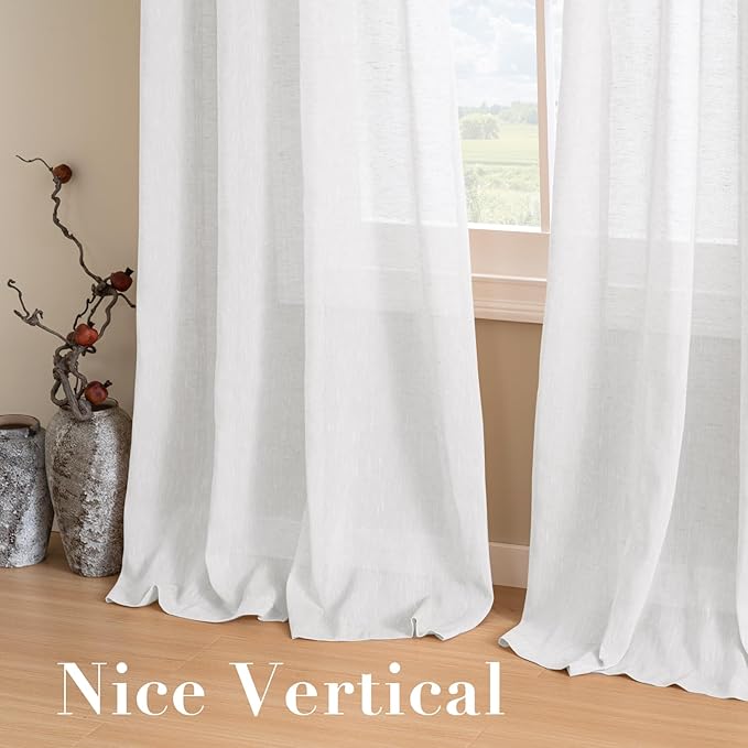 H.VERSAILTEX Natural Linen Semi Sheer Curtains Soft Semi Sheer Curtain Panels for Living Room/Nickel Grommet Window Treatment Curtains for Bedroom (Set of 2, 52 by 72 Inch, Pure White)