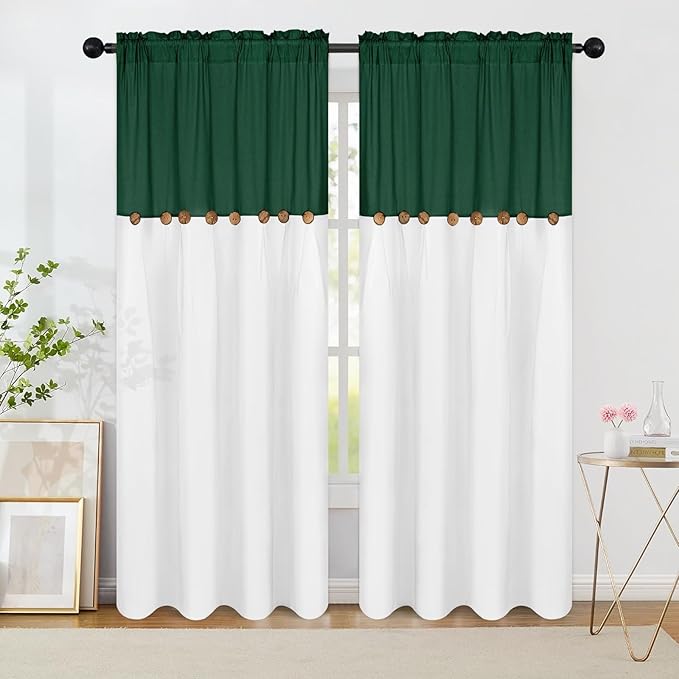 FRAMICS Farmhouse Cotton Linen Curtains for Living Room, Boho Button Curtains 84 Inch Length 2 Panels, Rustic Country Linen Window Curtain for Bedroom Rod Pocket Drapes, 52 x 84 Inch, Green and White