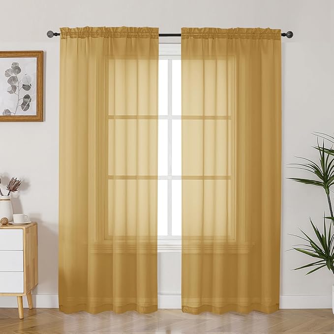 Gwine Gold Sheer Curtains 72 Inches Long 2 Panels Set for Front Door, Light Filtering Sheer Curtains for Living Room, Rod Pocket Window Treatments Drapes, Each 42" Wx72 L