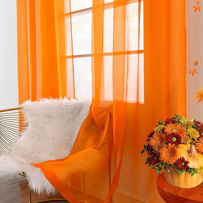 youleyar Solid Sheer Rod Pocket Curtain Voile Draperies 2 Panels White Beige Black Ivory Grey 26 Inch Width 40 Inch Long 1 Pair for Kitchen Bedroom Children Living Room Yard(Orange,26W x 40L)