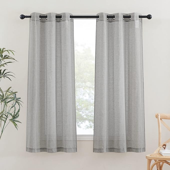 NICETOWN Linen Curtains 48 inch Length 2 Panels, Grommet Flax Semi Sheer Linen Blend Curtains Privacy with Light Filtering
