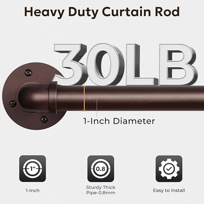 Zeerobee Curtain Rods for Windows 120 to 240, 1 Inch Industrial Wrap Around Matte Dark Brown Curtain Rod, Indoor/Outdoor Room Divider Adjustable Drapery Pole, 120"-240"