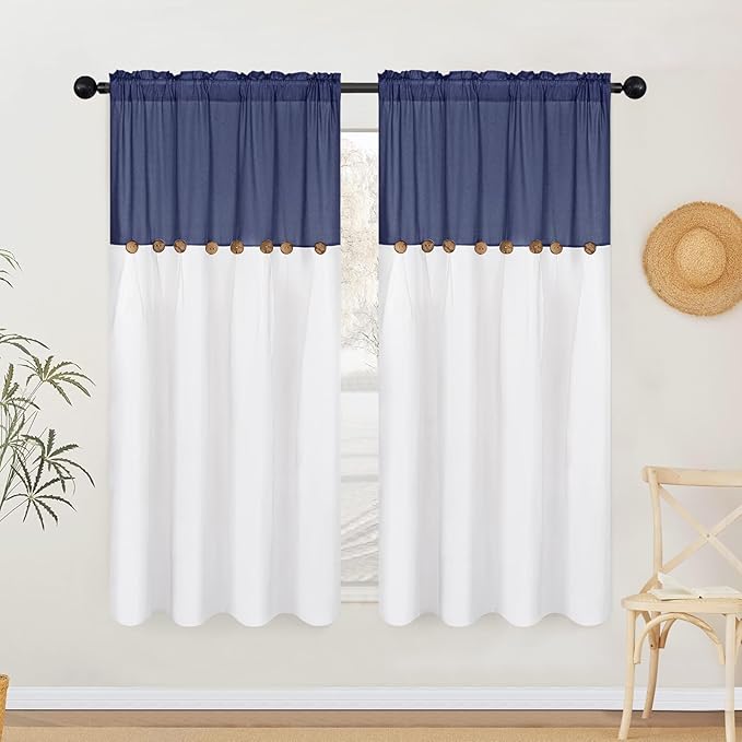 FRAMICS Farmhouse Cotton Linen Curtains for Living Room, Boho Button Curtains 63 Inch Length, Navy Blue Rustic Country Linen Window Curtains for Bedroom, Rod Pocket Curtains & Drapes, 52 x 63 Inch