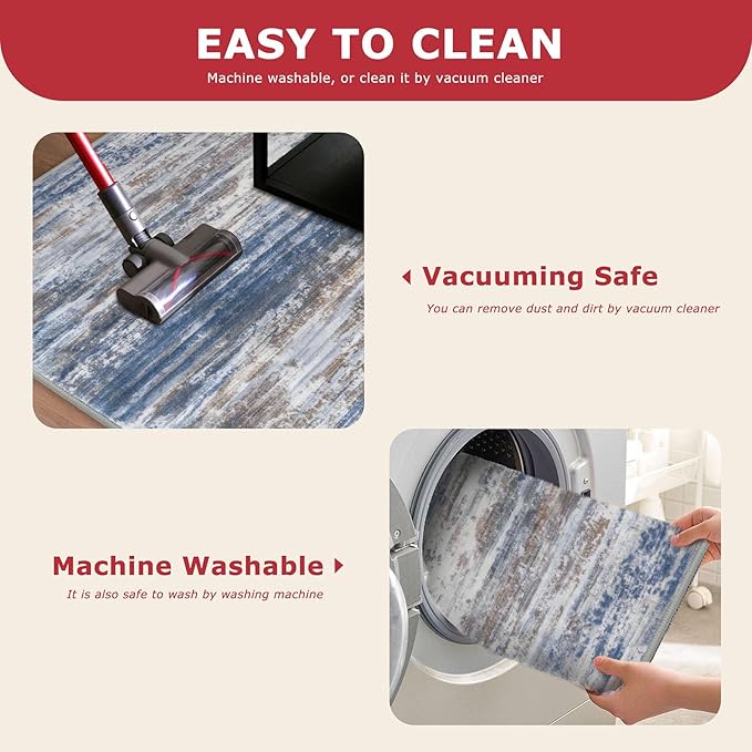KOZYFLY Modern Abstract Hallway Runner Rug, 2x8 Kitchen Rugs Non-Slip Washable Soft Striped Runner Rugs, Print Blue Rust Carpet Runner for Entryway Bathroom Laundry Room Foyer