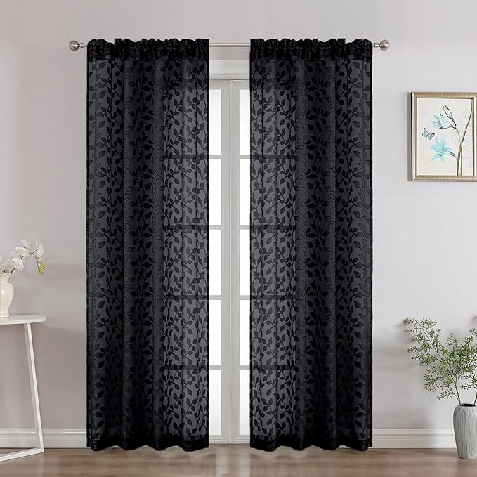 Chyhomenyc Black Sheer Curtains 72 Inches Long 2 Panels Set, Light Filtering Tufted Textured Soft Airy Rod Pocket Elegant Leaf Window Treatment Drapes for Bedroom Living Room, 42" Wx72 L, 2PCS
