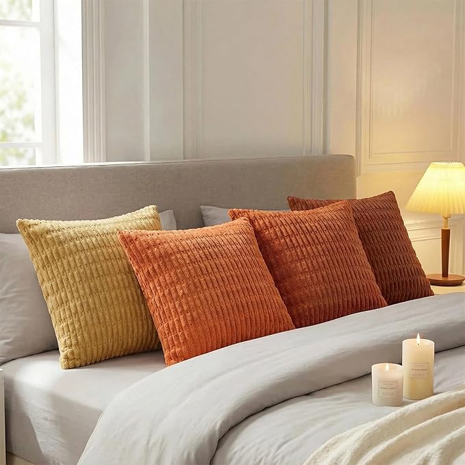 Fancy Homi Set of 4 Burnt Orange Fall Decorative Throw Pillow Covers 14x14 Inch for Couch Bed Chair, Modern Farmhouse Boho Room Decor, Soft Fuzzy Corduroy Textured Striped Cushion Case 35cm