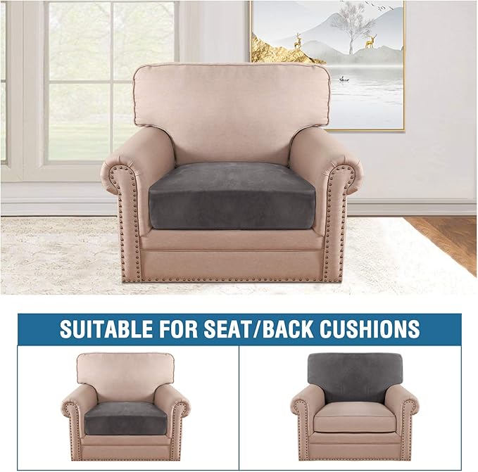H.VERSAILTEX Velvet Stretch Couch Cushion Cover Plush Cushion Slipcover for Chair Cushion Furniture Protector Seat Cushion Sofa Cover (1 Piece Armchair Cushion Covers, Grey)
