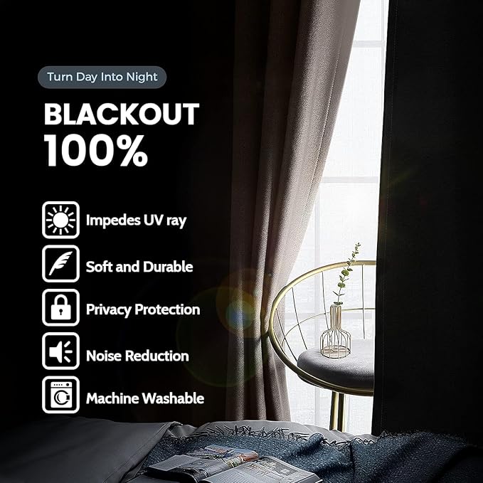 SimpleHome 100% Blackout Curtains for Bedroom,Thermal Insulated Cream Grommet Window Drapes Room Darkening Curtains for Living Room with Black Back,52 x 54 Inch,2 Panels