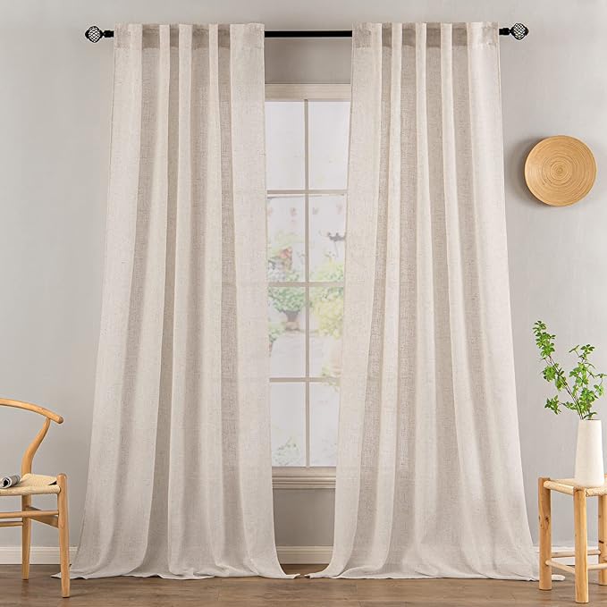MIULEE Natural White Linen Curtains 105 Inch Length 2 Panels for Bedroom Living Room, Soft Thick Linen Textured Window Drapes Semi Sheer Light Filtering Back Tab Rod Pocket Burlap Look Decor
