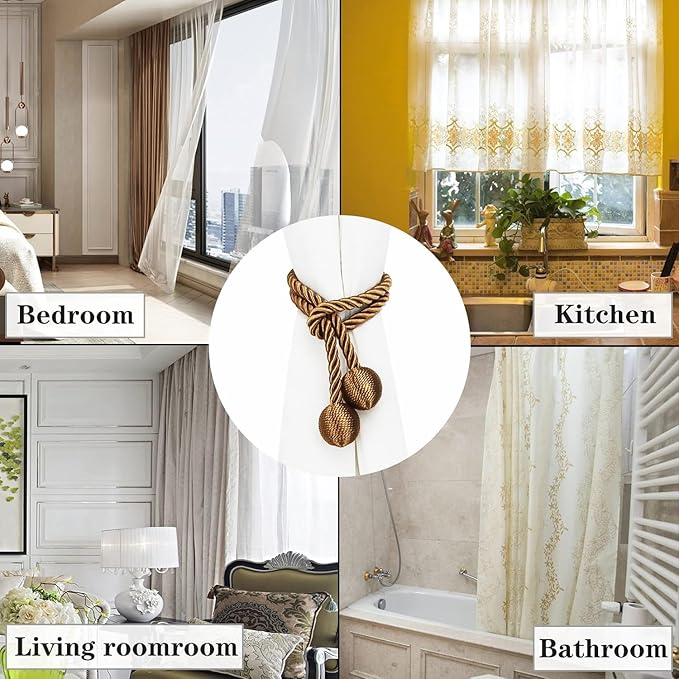 Curtain Tiebacks Outdoor Elegant Decorative Tie Backs Modern Rope Tiebacks for Drapes Window Curtain Holdbacks for Draperies (Khaki, 4)
