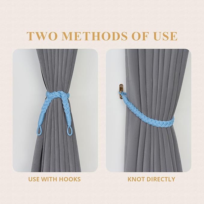 NICEEC 2 Pack Natural Cotton Rope Curtain Tiebacks Elegant Boho Style Decorative Drape Tie Backs Soft Hand-Woven Rope Curtain Holdbacks with Metal Hook for Home & Office Drapery (Light Blue)