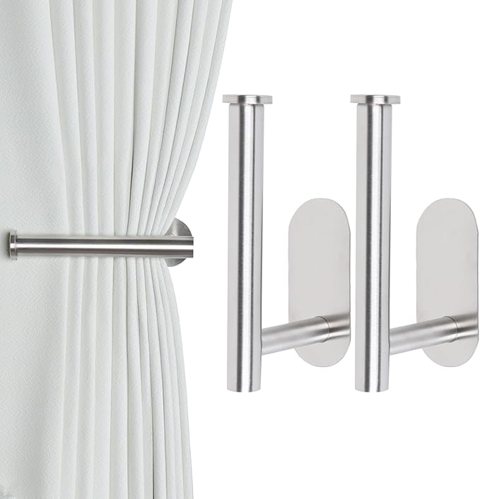 Groleca 2 Pack Adhesive Curtain Holdbacks - No Drill Curtain Tie Backs & Pull Backs (2, Silver)