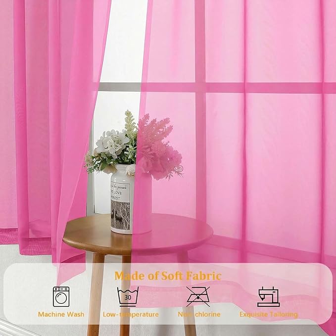 Gwine Short Kitchen Sheer Curtains 30 Inch Length - Light Filtering Voile Small Half Window Curtain for Basement, Rod Pocket Cafe Curtains for Bathroom Cabinet, 42Wx30L Inch, 2 Panels, Hot Pink