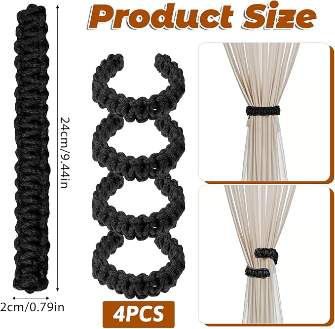 Ptwola 4 Pack Braided Curtain Tiebacks Boho Elegant Rustic Curtain Holdbacks Tie Backs Holders Set Simple Light Weight Drapes Decorative Accessories Handmade for Home Office Bedroom Window (4, Black)