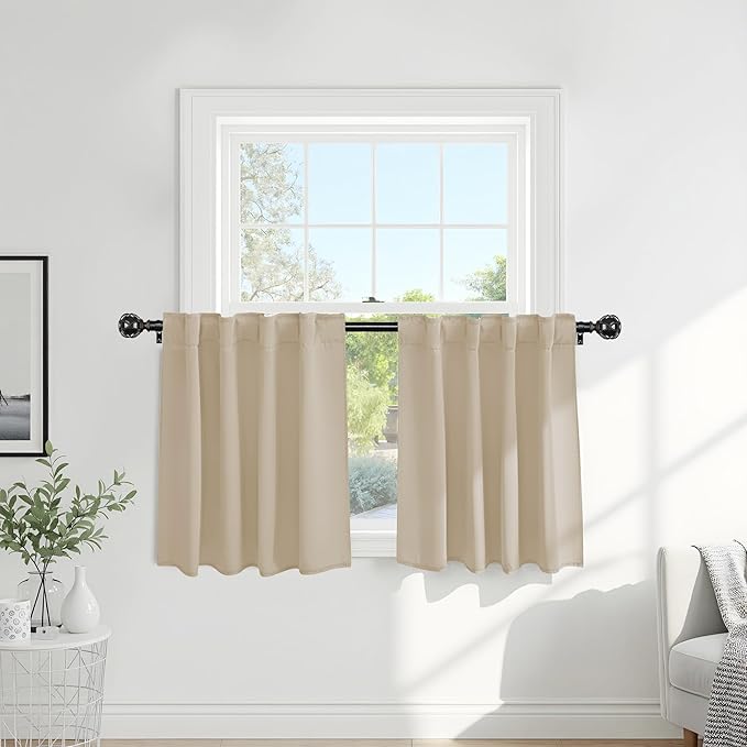 PONY DANCE Thermal Insulated Small Window Curtains Short Drapes for Nursery Bathroom Kitchen Laundry RV Basement, 29 inch Wide by 36 in Long, Biscotti Beige, 2 Panels