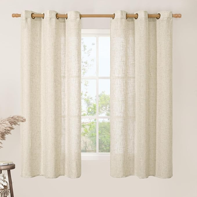 LAMIT Beige Linen Curtains 63 inches Length for Bedroom, Soft Thick Semi Sheer Light Filtering Bronze Grommet Window Treatments Decorative Drapes for Kitchen, 2 Panels Set, 34 x 63 Inch