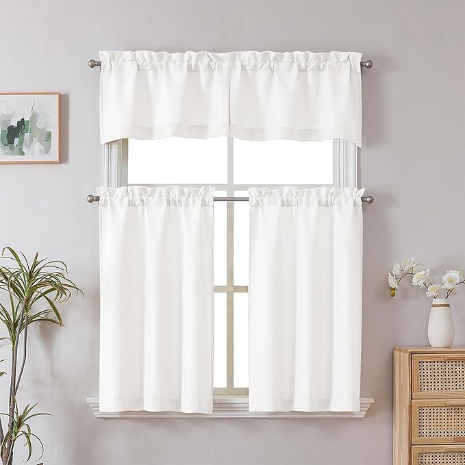 Chyhomenyc Cream Short Curtain Valance for Windows, Faux Linen Textured Half Window Curtains, Burlap Solid Topper Small Curtain Valance for Bathroom Laundry Basement, 60Wx18L Inch, 1 Piece