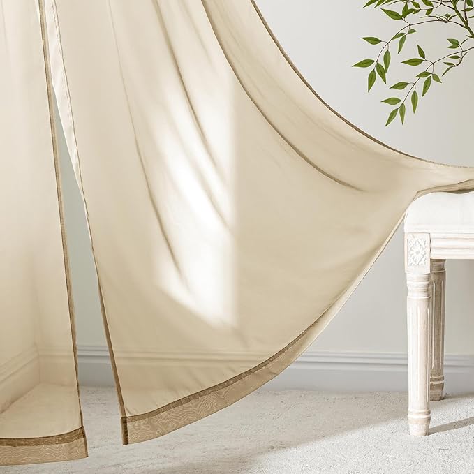 MIULEE Beige Sheer Curtains 108 Inches Long, 4 Panels Set, Rod Pocket Voile Drapes Light Filtering and Semi Transparent, Elegant Window Treatments for Bedroom Living Room,42 x 108 Inches
