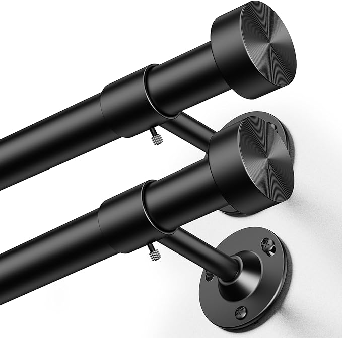 YaFex 2 Pack Heavy Duty Curtain Rods 32-60 Inch, 1 Inch Black Adjustable Curtain Rod for Windows, Short Window Treatment Rods Set with Aluminium Finials, Modern Design