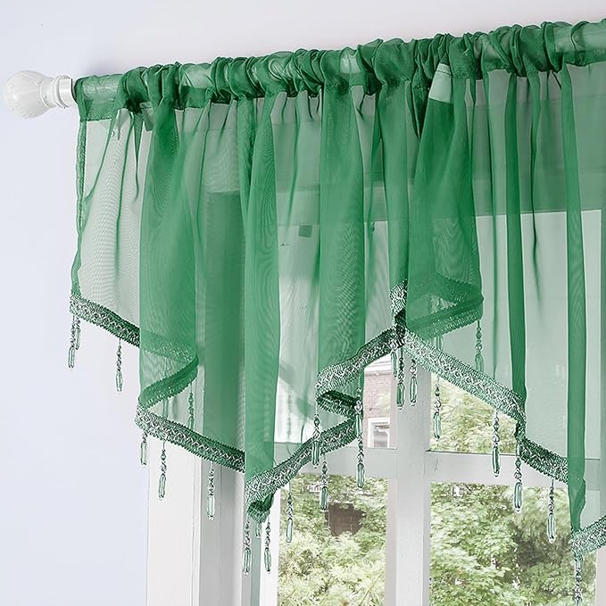 Molaxhome Swag Curtain 51 inch Length Rod Pocket Scalloped Curtain Valance Sheer Lace Panels with Hanging Crystal Beads for Kitchen Bedroom Window Treatments Drape Decor 1pc (DarkGreen, 51Wx23L)