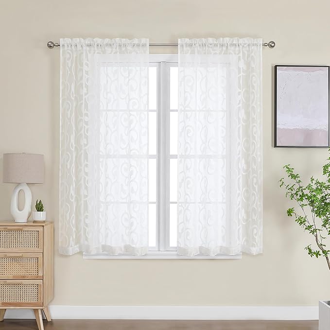 OWENIE Furman Ivory Sheer Curtains 45 Inch Length 2 Panels Set for Living Room Bedroom Bathroom Window, Airy Jacquard Clip Short Curtains for Small Window, 2 Pcs Each 40Wx45L inch