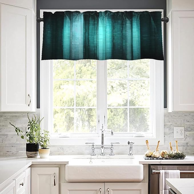 Emvency 2 Pack Valances Window Treatments, Teal Striped Abstract Glass Texture Blackout Drapes Adjustable Curtain for Windows Living Room Kitchen Over Sink, 52x18 Inch Rod Pocket Valances
