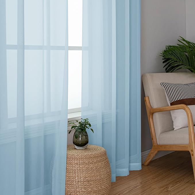 Lecloud Sky Blue Sheer Curtains 96 Inches Long 2 Panels, Light Filtering Voile Solid Air Curtains, Transparent Farmhouse Decor with Dual Rod Pocket for Dining Room Bedroom, Each 42" W x 96" L