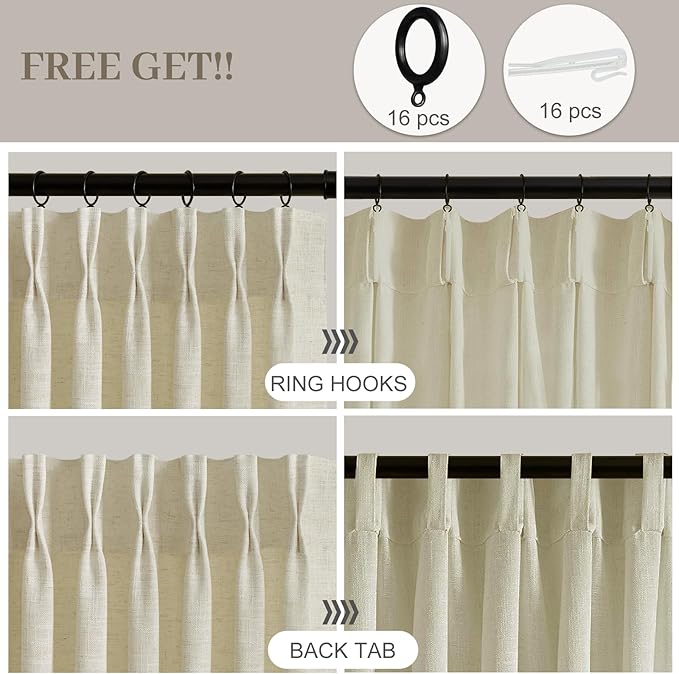 IVAPUPU Linen Pinch Pleated 84 Inch Curtains for Living Room, Semi Sheer Airy Privacy Linen Blend Curtain Memory Trained Back Tab Drapes with Hooks Rings for Bedroom Dining Room, 2 Panels, W40xL84