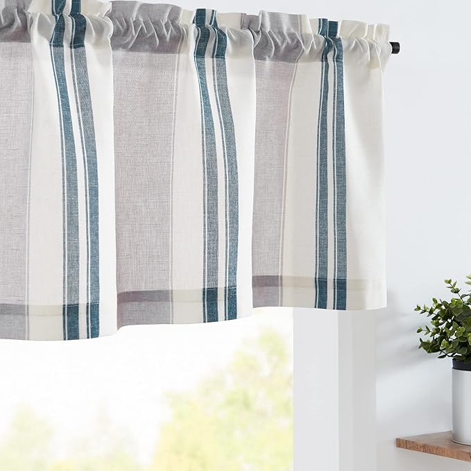 jinchan Striped Valance Farmhouse Window Treatment Linen Textured Drapes for Small Windows Kitchen Living Room RV Vintage Light Filtering Valance 16 Inch Rod Pocket 1 Panel Blue and Grey