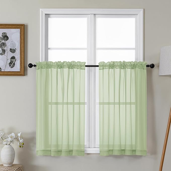 Gwine Light Green Sheer Kitchen Curtains 36 Inch Length, Light Filtering Voile Soft Airy Small Cafe Curtains, Short Window Curtain for Bathroom Basement, 42x36 inch, 2PCS