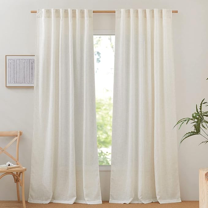 NICETOWN Linen Curtains & Drapes 95 inch Length 2 Panels, Rod Pocket & Back Tab Linen Blend Semi Sheer Privacy with Light Filtering for Farmhouse/Living Room, Burlap, W52 x L95