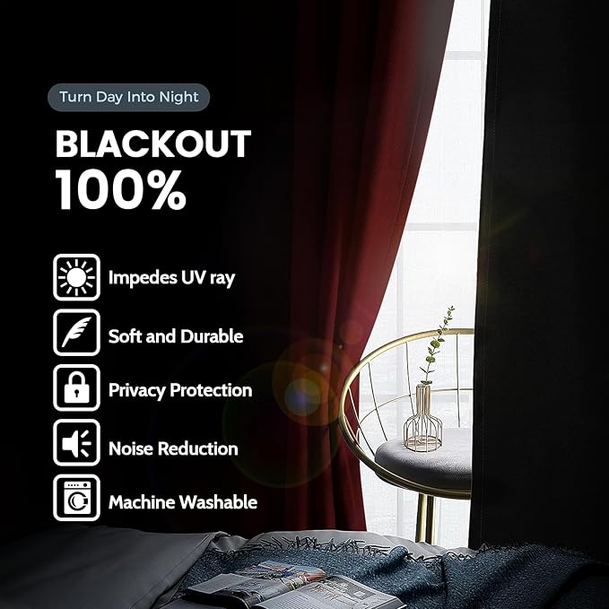 SimpleHome 100% Blackout Curtains for Bedroom,Thermal Insulated Burgundy Grommet Window Drapes Room Darkening Curtains for Living Room with Black Back,38 x 84 Inch,2 Panels