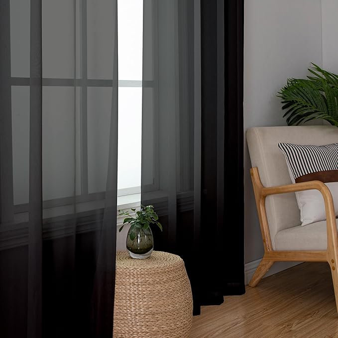 Simplebrand Black Sheer Curtains 120 Inches Long, Extra Long Rod Pocket Solid Color Window Sheer Curtain Panels, Elegant Curtains & Drapes for Living Room, Bedroom 2 Panels (Black, 59" W x 120" L)