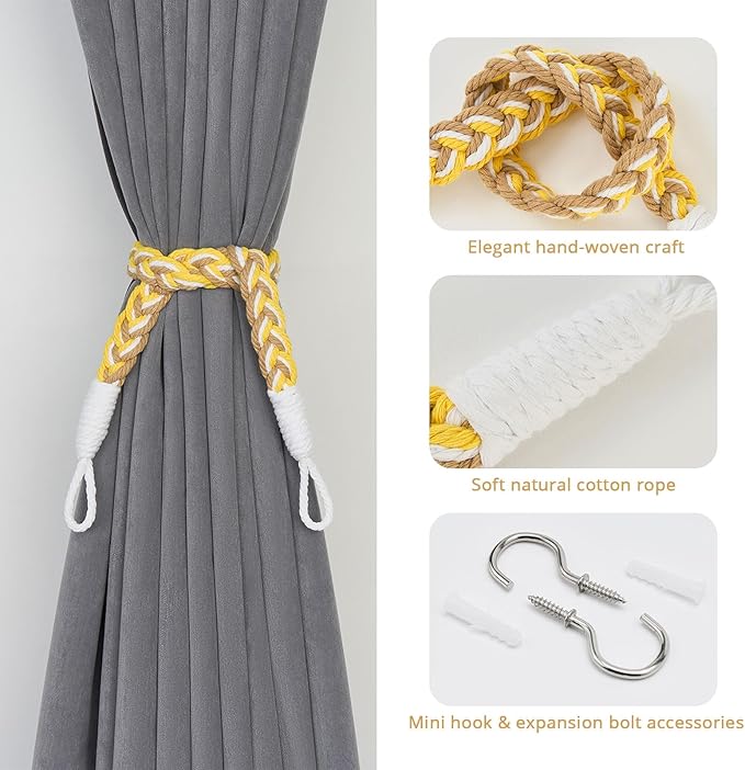 NICEEC 2 Pack Natural Cotton Rope Curtain Tiebacks Elegant Boho Style Decorative Drape Tie Backs Soft Hand-Woven Rope Curtain Holdbacks with Metal Hook for Home & Office Drapery (Yellow & White)