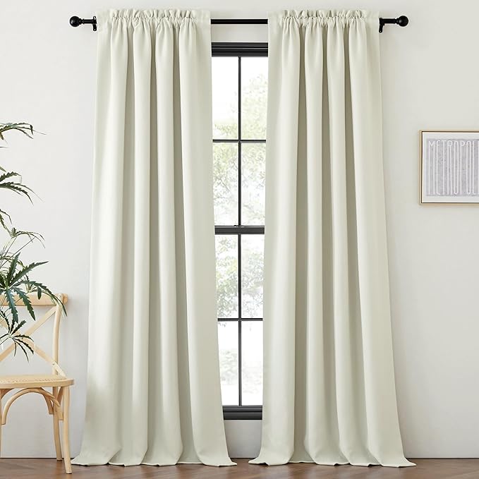 NICETOWN Room Darkening Bedroom Curtains 96 inches Long, Dual Rod Pockets & Hook Belt Light Blocking Noise Canceling Window Treatments for Living Room/Nursery, Natural, W52 x L96, 2 Panels
