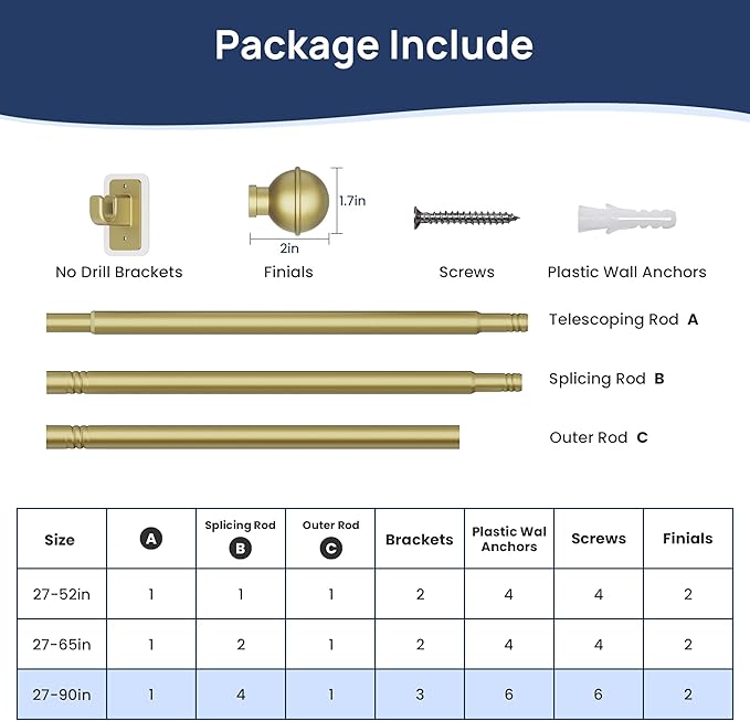 ENJOYBASICS No Drill Curtain Rods for Window 48 to 84 Inches, 5/8 Inch Diameter Renter Friendly Drapery Rod with Adhesive Brackets without Drilling, Adjustable from 27 to 90 Inches, Gold