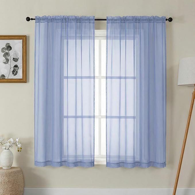 Gwine Denim Blue Sheer Curtains 63 Inch Length for Living Room 2 Panels, Light Filtering Rod Pocket Window Curtain Treatment for Bedroom, Voile Elegant Sheer Drapes，Each 42Wx63L