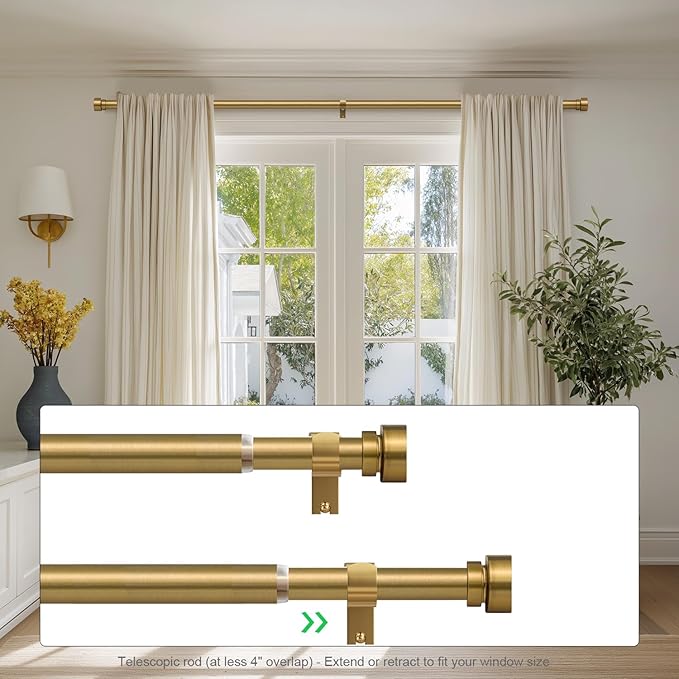 Lootkell 2 Pack Brass Gold Curtain Rods Set for Windows 66 to 120 Heavy Duty 1" Diameter Adjustable Window Single Rods with Solid Metal Finials for Bedroom Living Room Kitchen Farmhouse