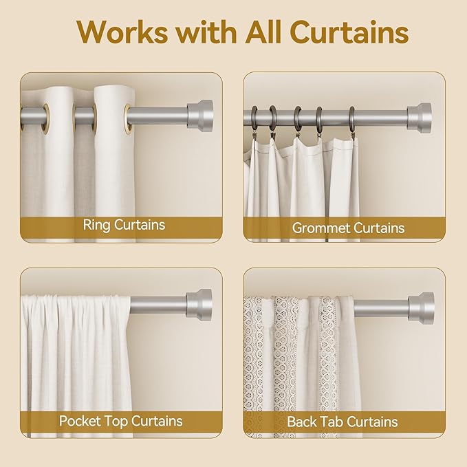 YaFex Curtain Rods 2 Pack 32-58 Inch, Heavy Duty 1 Inch Curtain Rod, Silver Short Adjustable Window Treatment Rods, Modern Design, Easy Installation